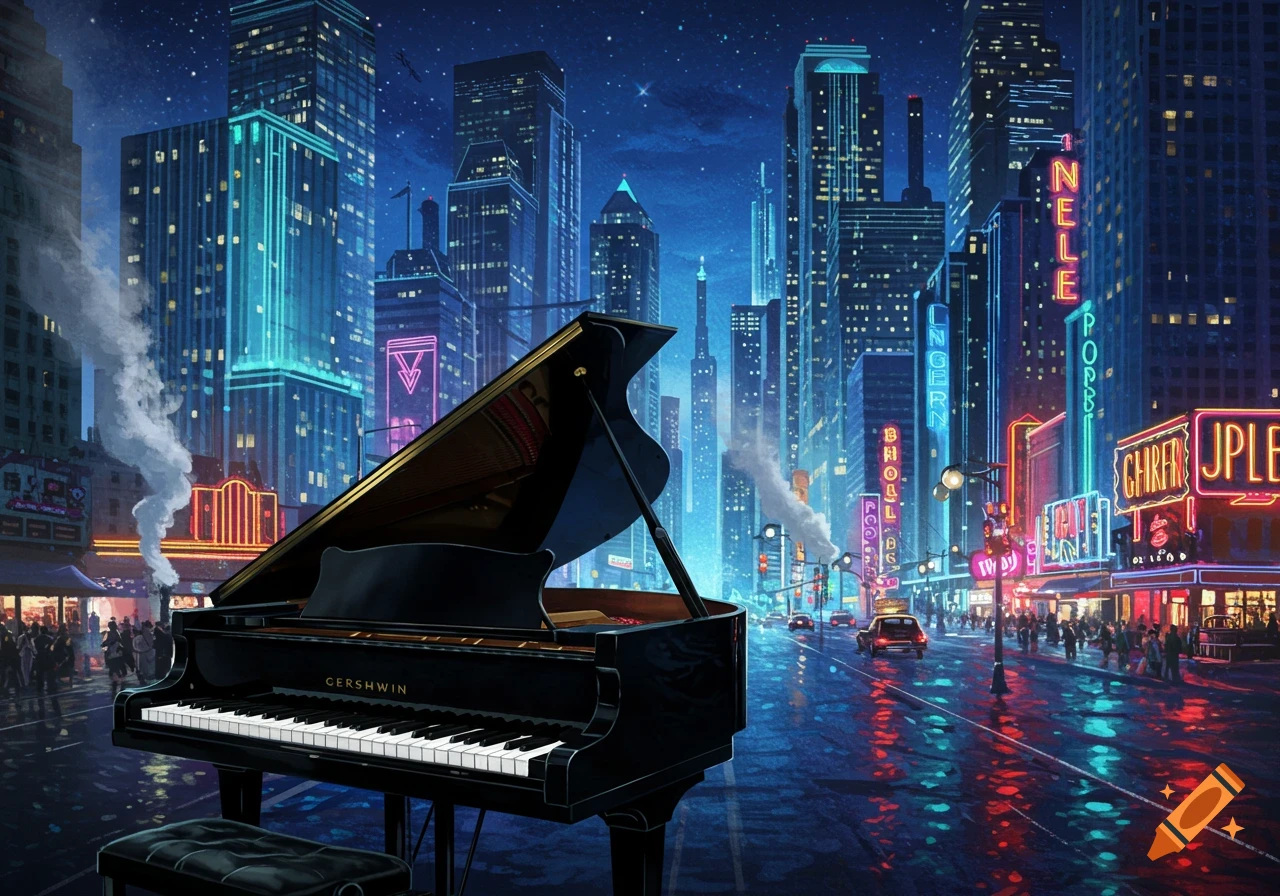 Grand piano on a wet city street at night, illuminated by neon lights reflecting on the pavement, surrounded by towering skyscrapers.