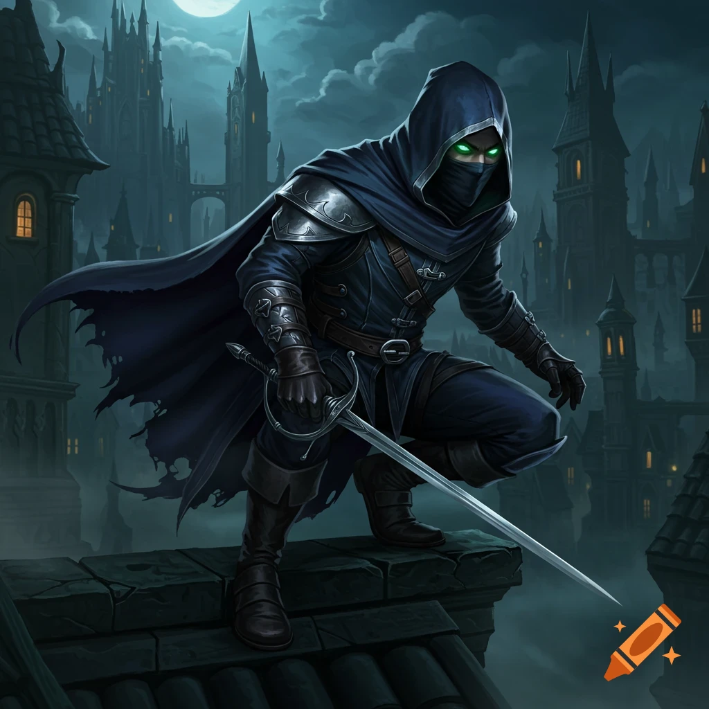 A hooded rogue with glowing green eyes and a sword crouches on a dark medieval rooftop overlooking a gothic city at night.
