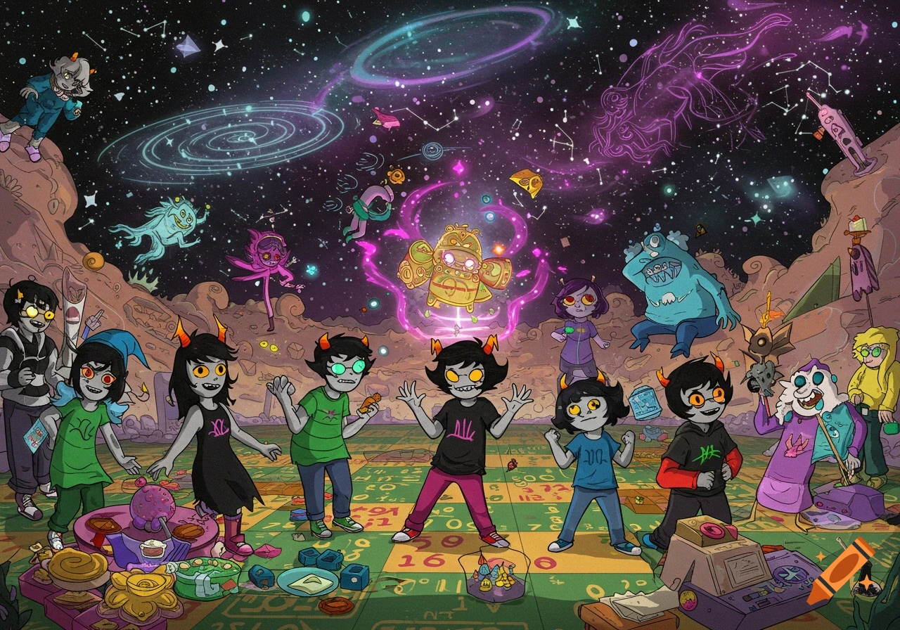 Homestuck characters gathered on a checkered planet surface under a starry, cosmic sky with swirling galaxies.