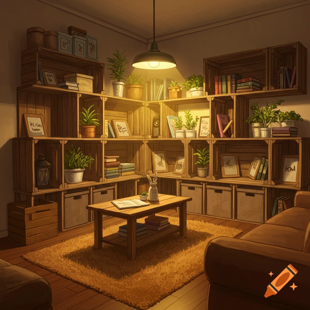A warmly lit illustration of a cozy living room with rustic wooden crate shelves, filled with books and plants, a coffee table, and a sofa.