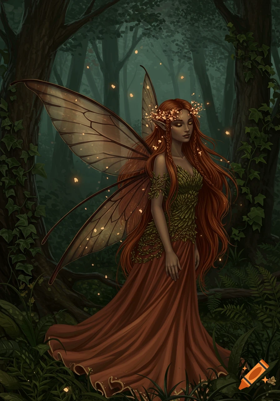 A dark-skinned fairy with long red hair and a leaf dress stands in a mystical forest with glowing lights.