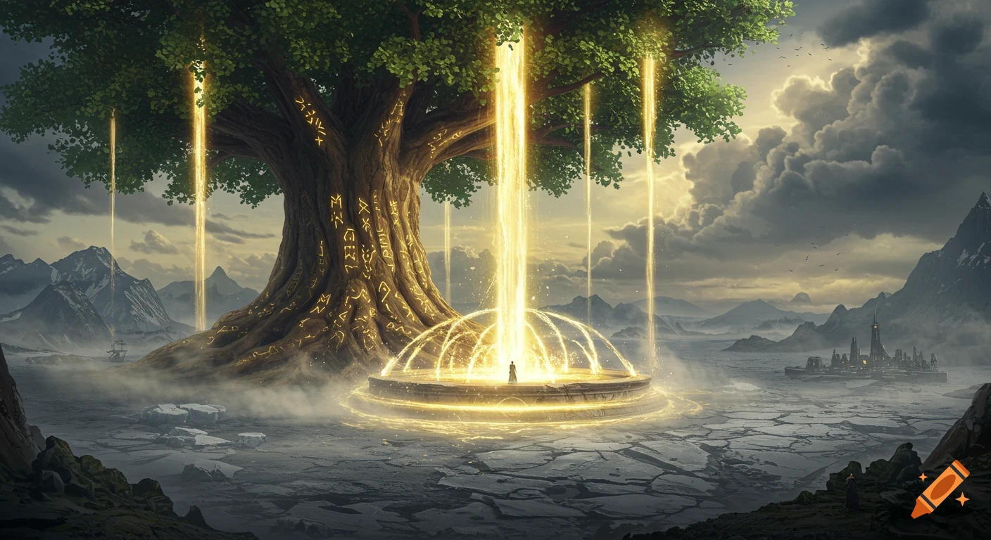 A colossal tree with glowing runes on its bark stands before a magical fountain of light in a desolate, cracked landscape under a stormy sky, with distant mountains and a city.