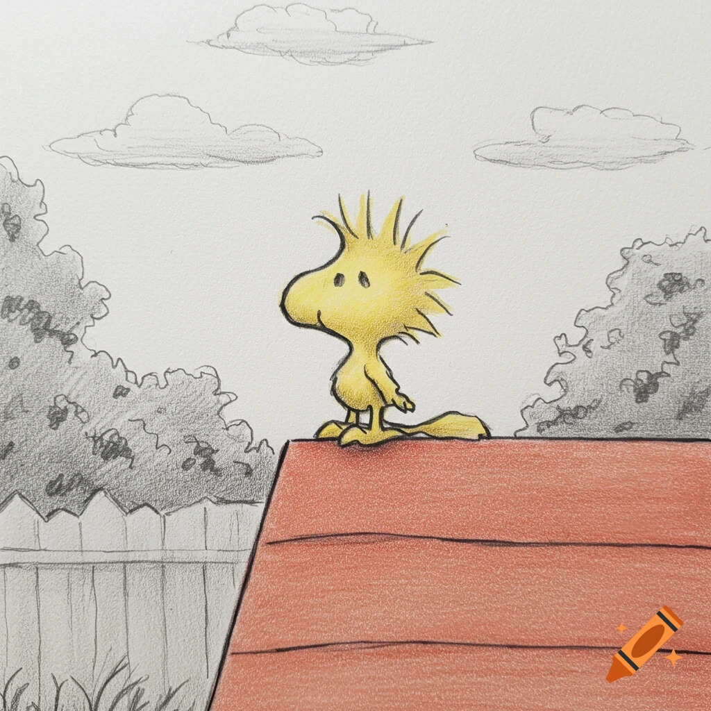 A cartoon drawing of Woodstock standing on a red doghouse, with a pencil-sketched fence, bushes, and clouds in the background.