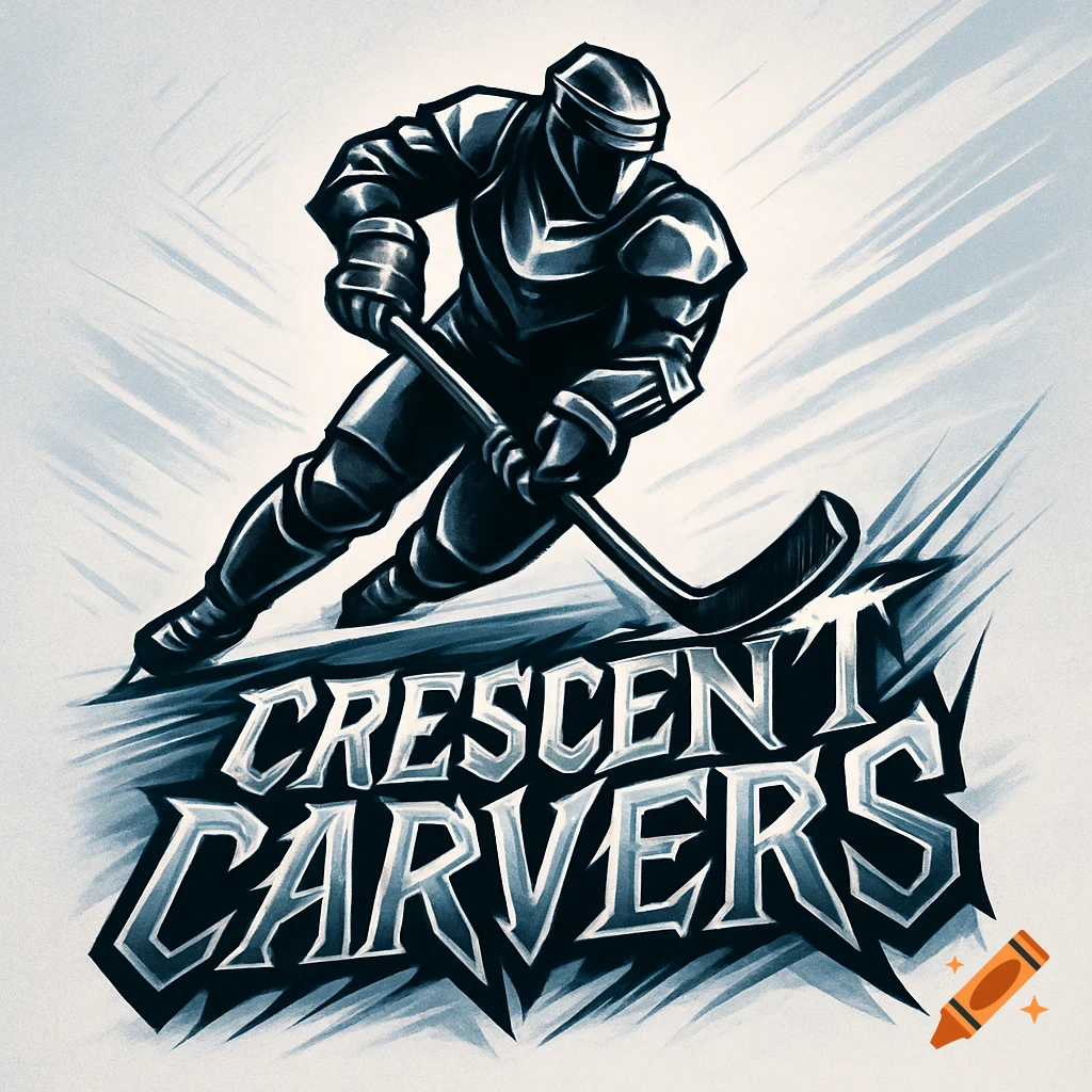 A stylized logo of a hockey player carving the words 'Crescent Carvers' into ice, in a heavy metal font.