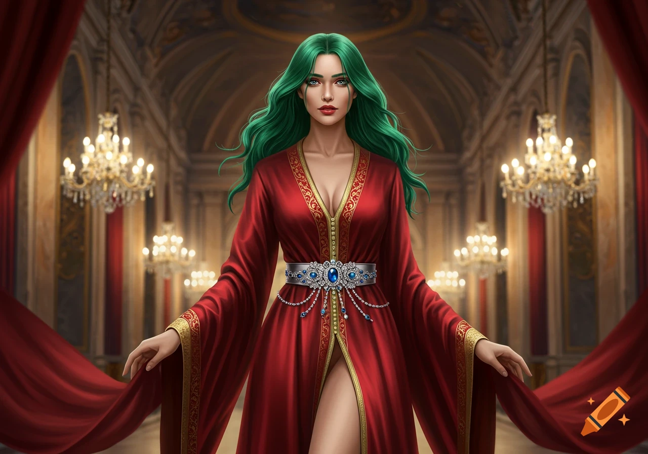A beautiful woman with long green hair in a red and gold robe with a jeweled silver belt, standing in a grand hall.