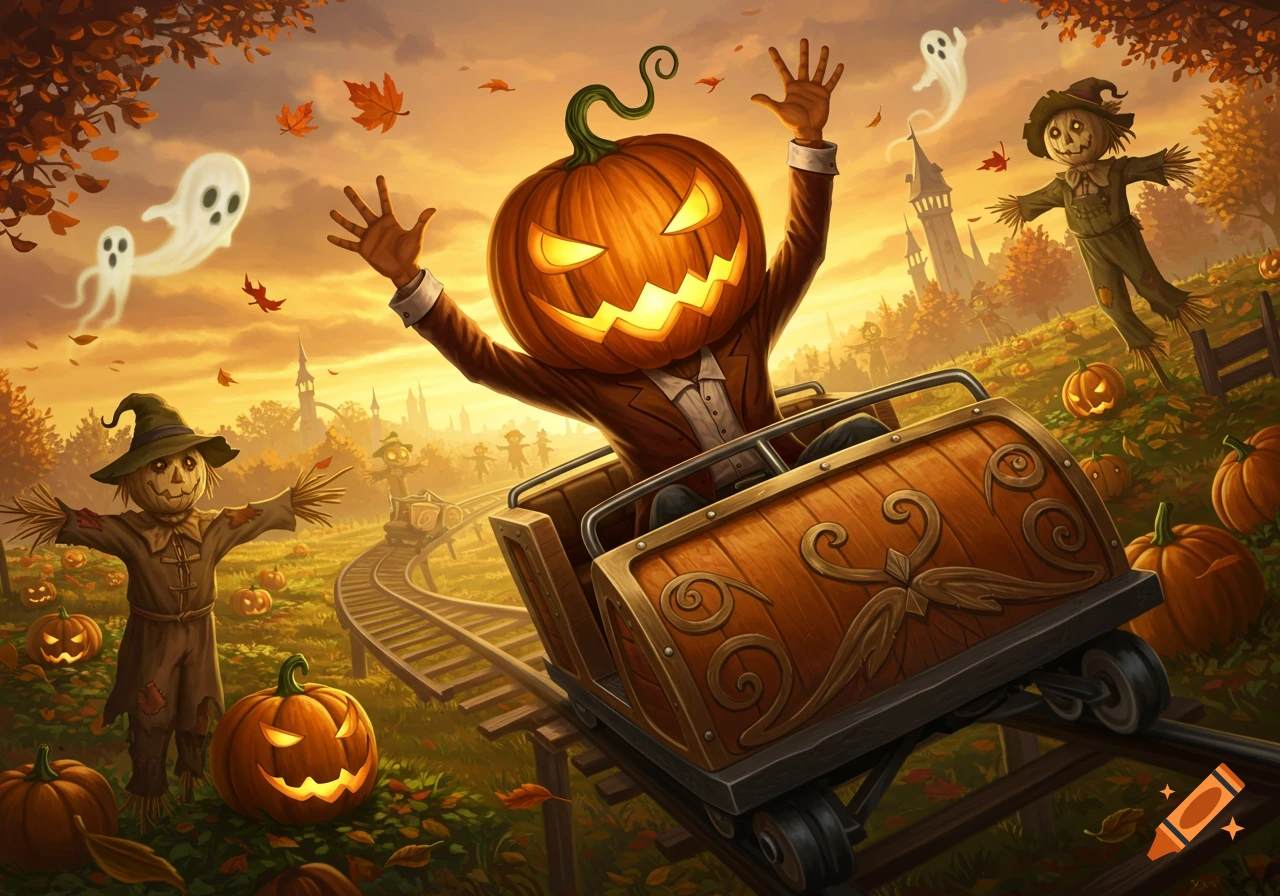 Illustrated Halloween scene with a joyful pumpkin man riding a roller coaster past scarecrows, glowing jack-o'-lanterns, and ghosts.