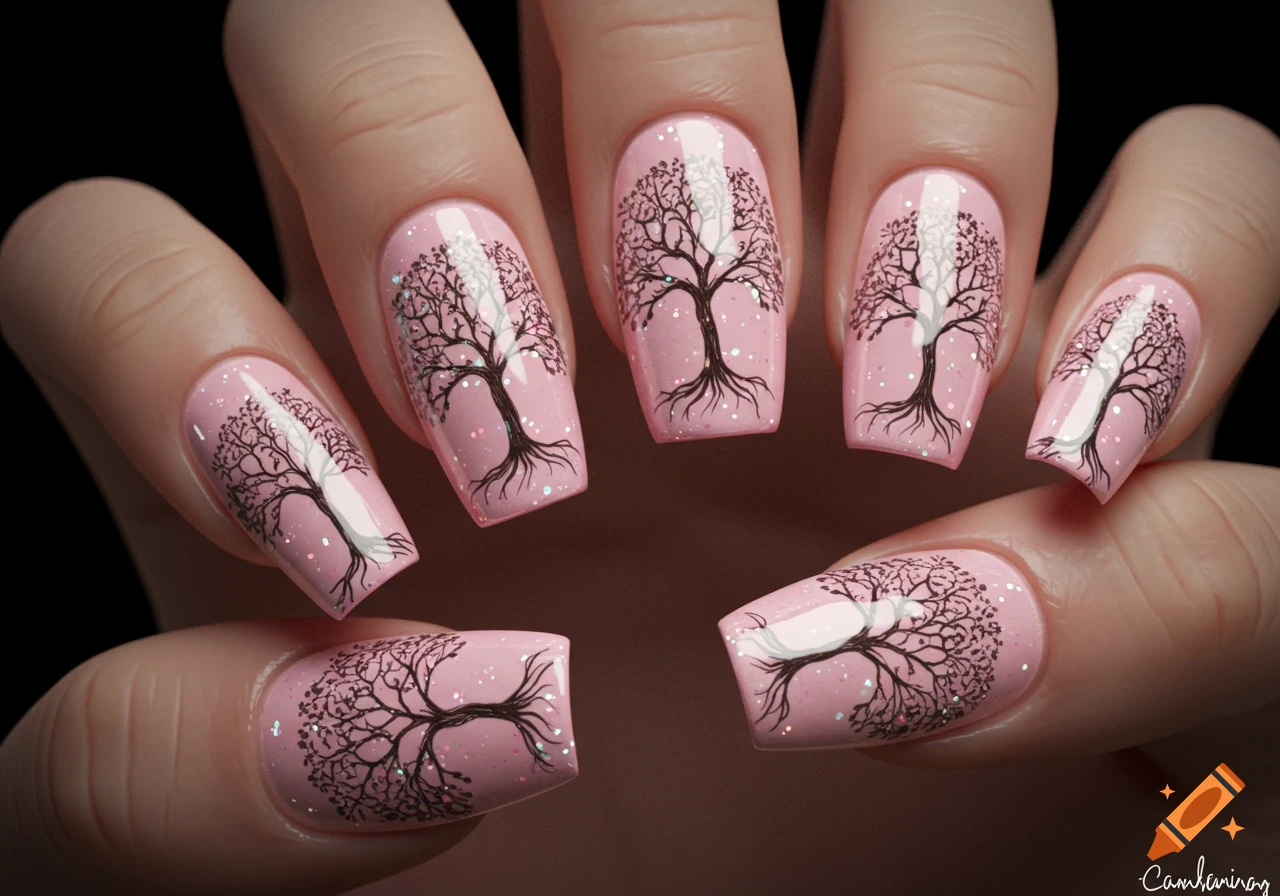 Close-up of a hand showing pink coffin-shaped nails, each adorned with a black tree of life silhouette and glitter.