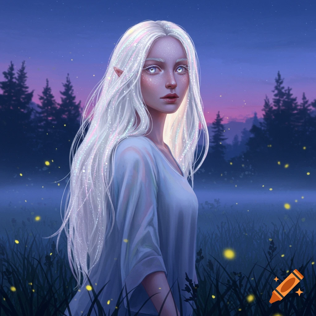 A fantasy digital painting of an elf woman with shimmery white hair and glowing eyes in a mystical forest at night with fireflies.