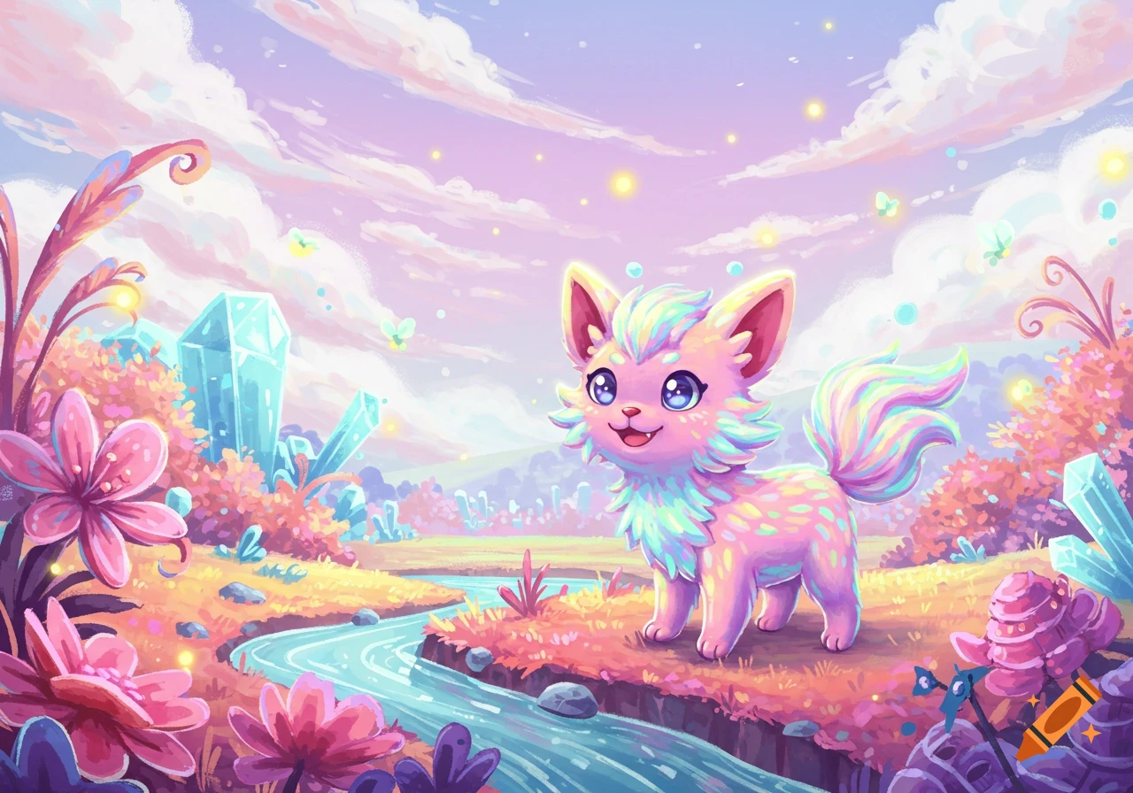 A cute, pastel-colored, fox-like fantasy creature stands by a river in a magical landscape with crystals and glowing plants, illustration.