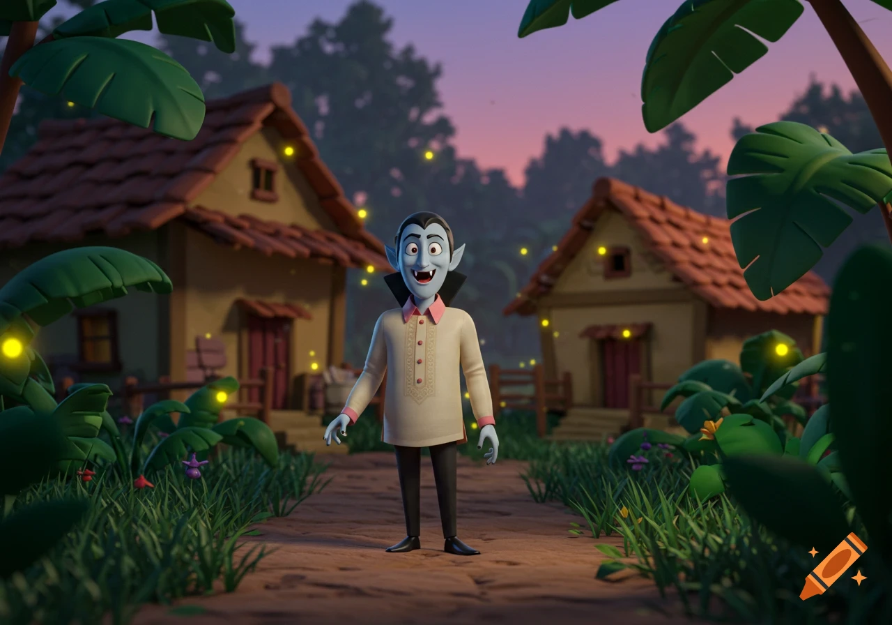 A friendly cartoon vampire stands on a path in a tropical village at dusk with fireflies, in a 3D animated style.