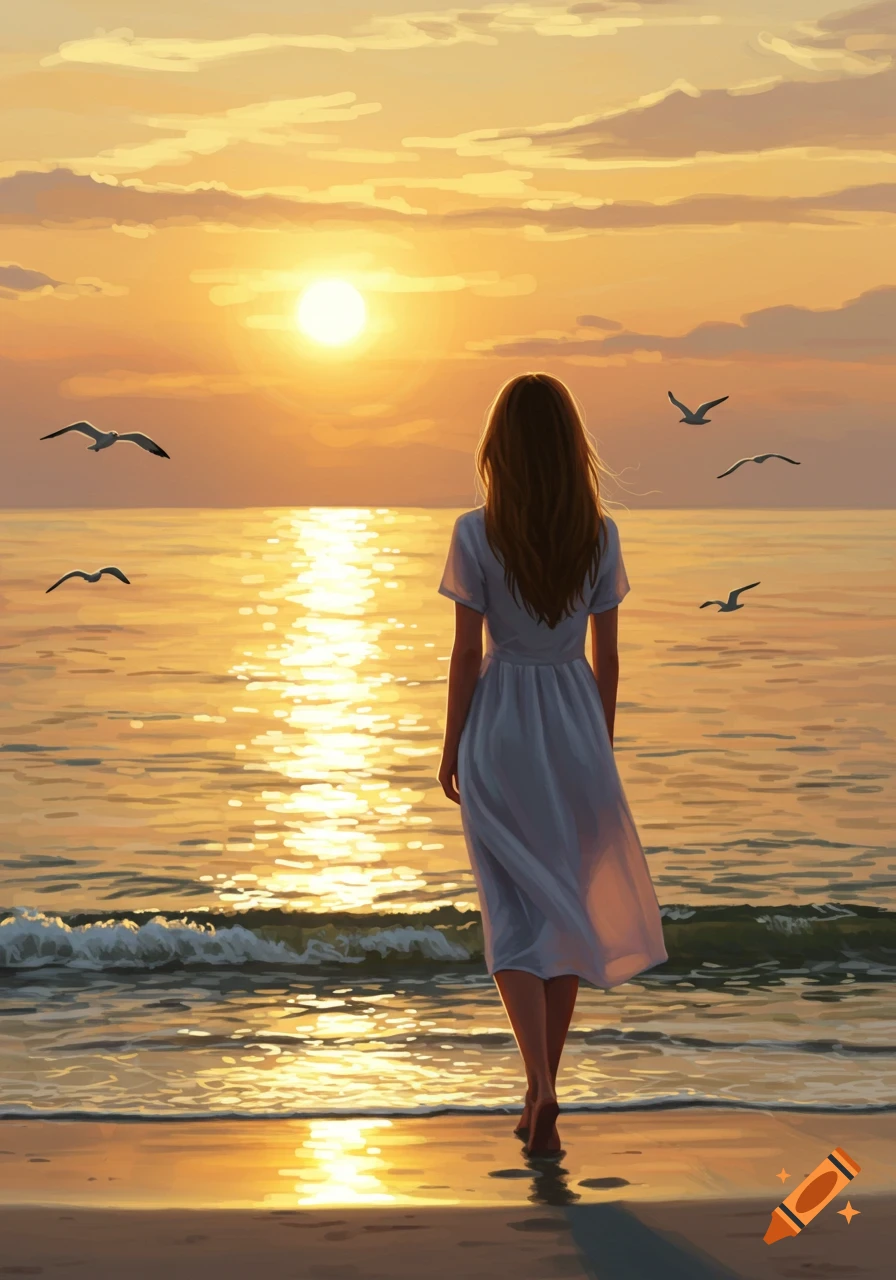 A digital painting of a woman in a white dress gazing at a golden sunset over the ocean from a beach, with birds flying.