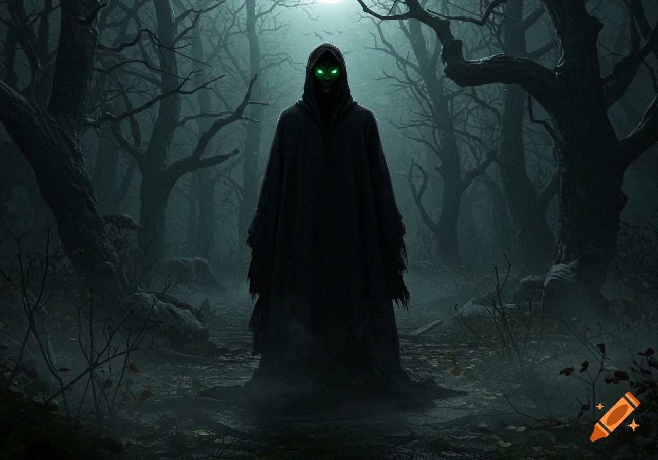 Eerie dark hooded figure with glowing green eyes stands in a misty, bare forest under a pale moon. Dark fantasy style.
