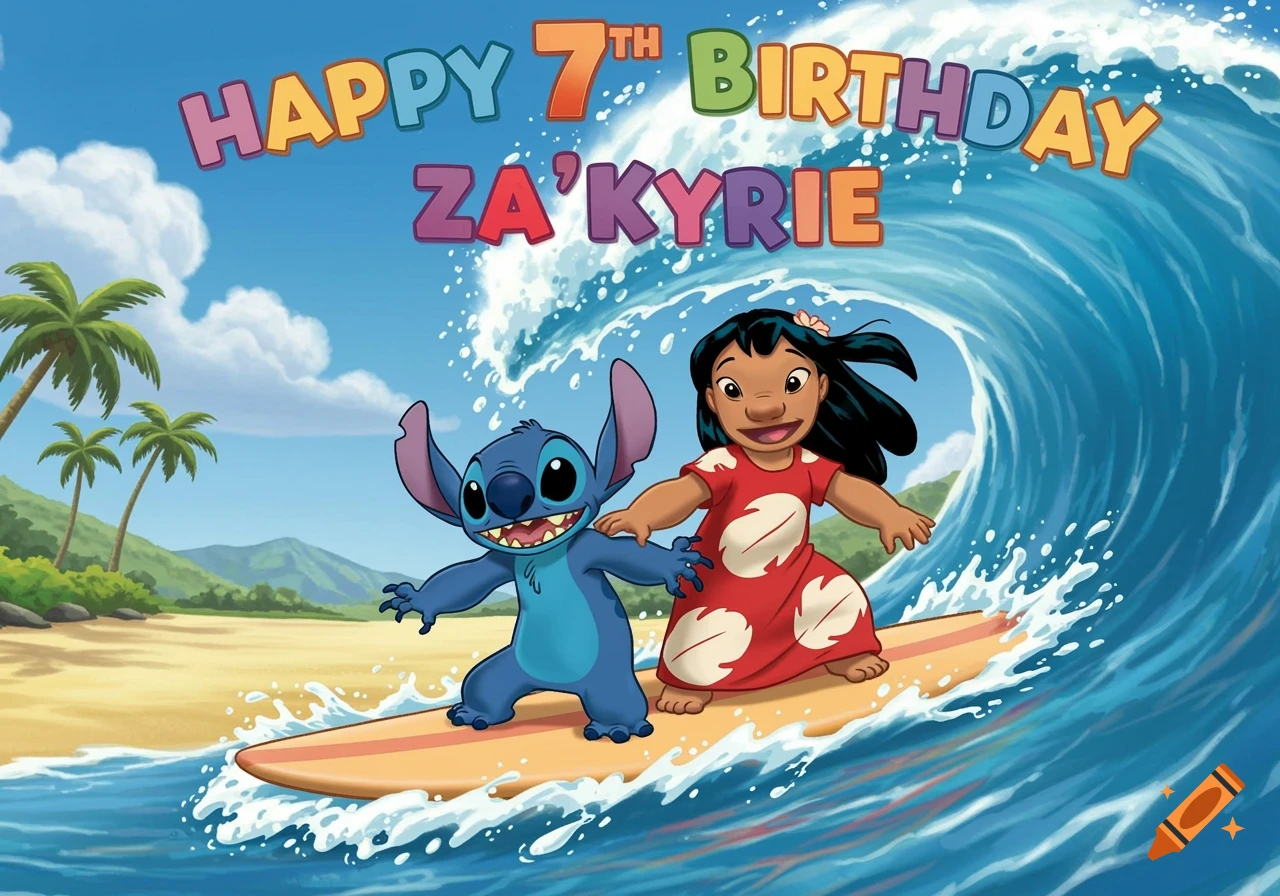 Lilo and Stitch surfing on a wave with a beach and palm trees in the background, with 'Happy 7th Birthday Za'Kyrie' text.