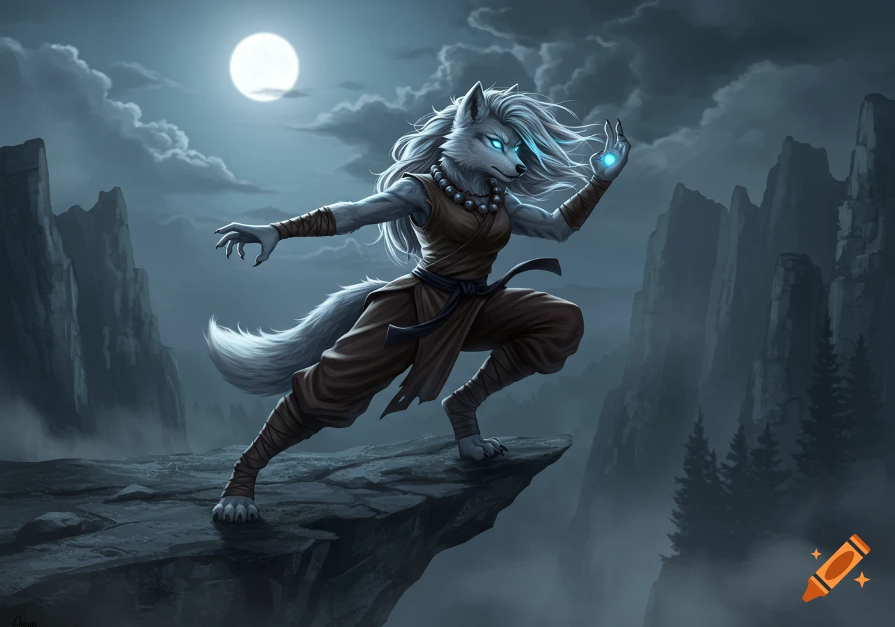 Anthro wolf woman martial artist on a rocky cliff under a full moon, with a glowing blue orb in her hand, in a fantasy art style.