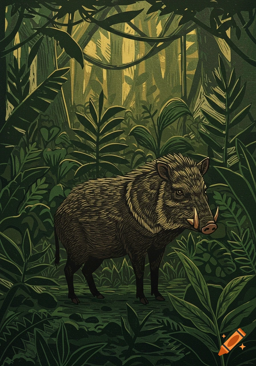 A stylized linocut illustration of a wild peccary standing in dense green jungle foliage.