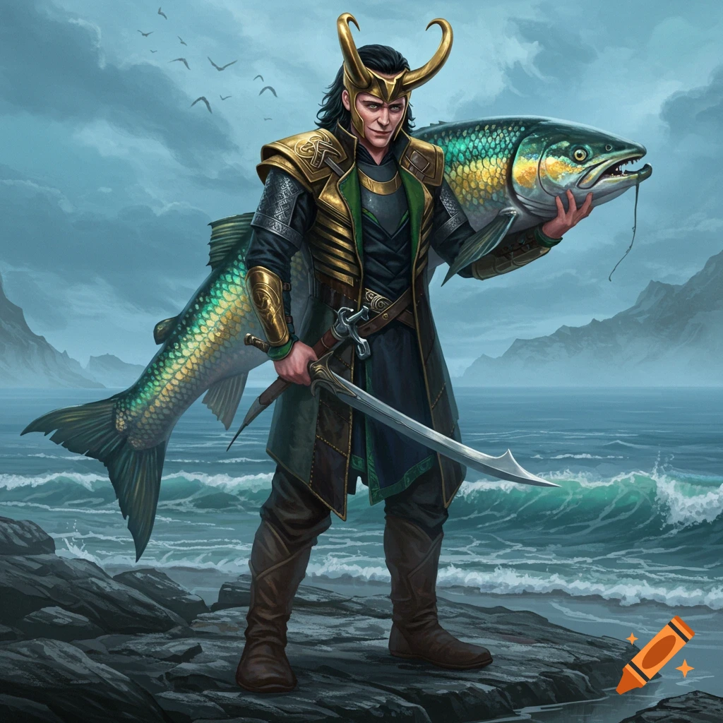 Loki, in green and gold Viking armor with horned helmet, stands on rocks by the sea, holding a large, iridescent fish and a sword.