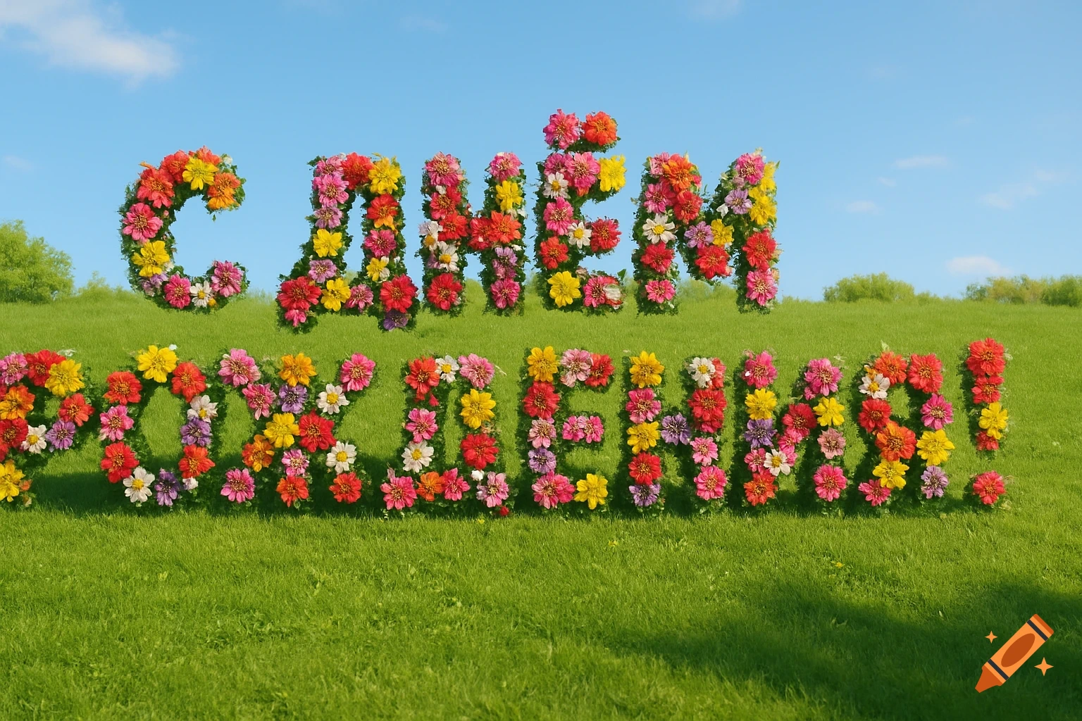 Colorful flowers spelling "С ДНЁМ РОЖДЕНИЯ!" (Happy Birthday!) on a vibrant green grassy hill under a blue sky.