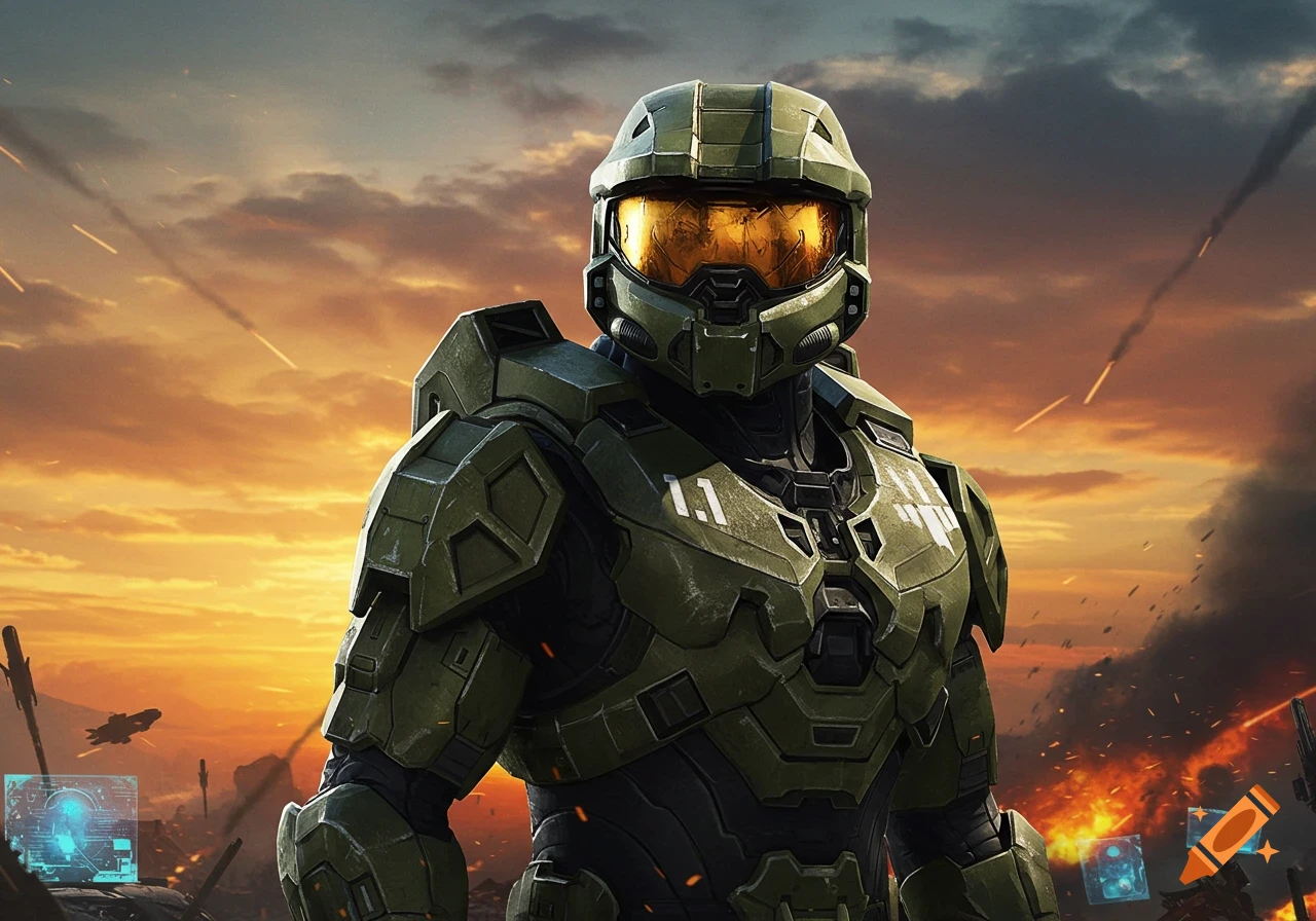 Master Chief in green armor with a golden visor stands against a backdrop of an orange and grey sky filled with smoke and explosions.