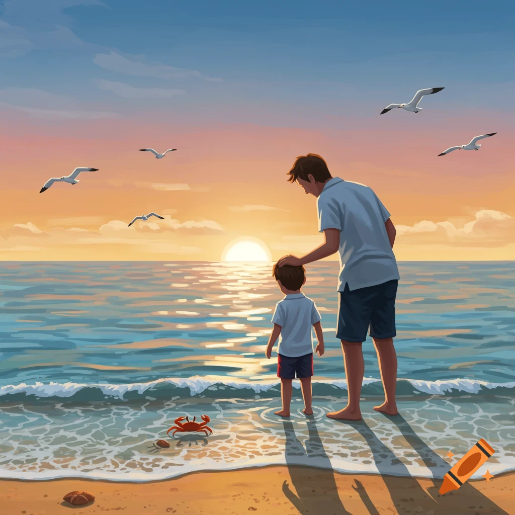 Illustrated father and son on a beach at sunset, with a crab and seagulls.