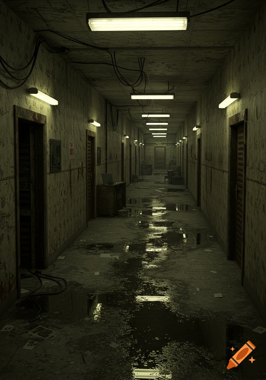 A long, dark, abandoned hallway with water puddles reflecting fluorescent lights on the floor and worn walls.