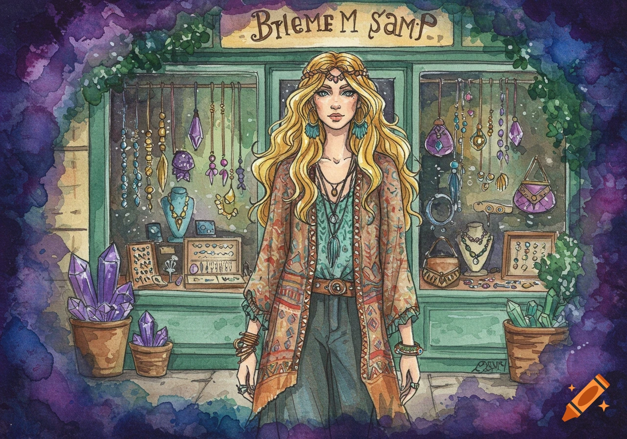 A blonde woman in bohemian clothing stands in front of a turquoise jewelry shop with crystals. Watercolor illustration.