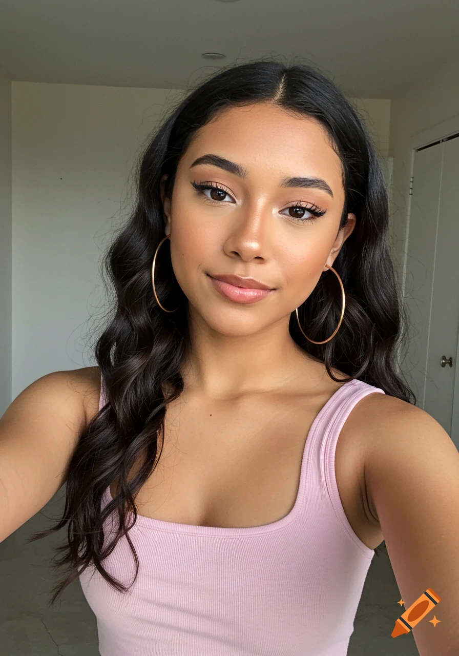 A smiling young Hispanic woman with long dark wavy hair and hoop earrings wears a pink ribbed crop top, taking a selfie.