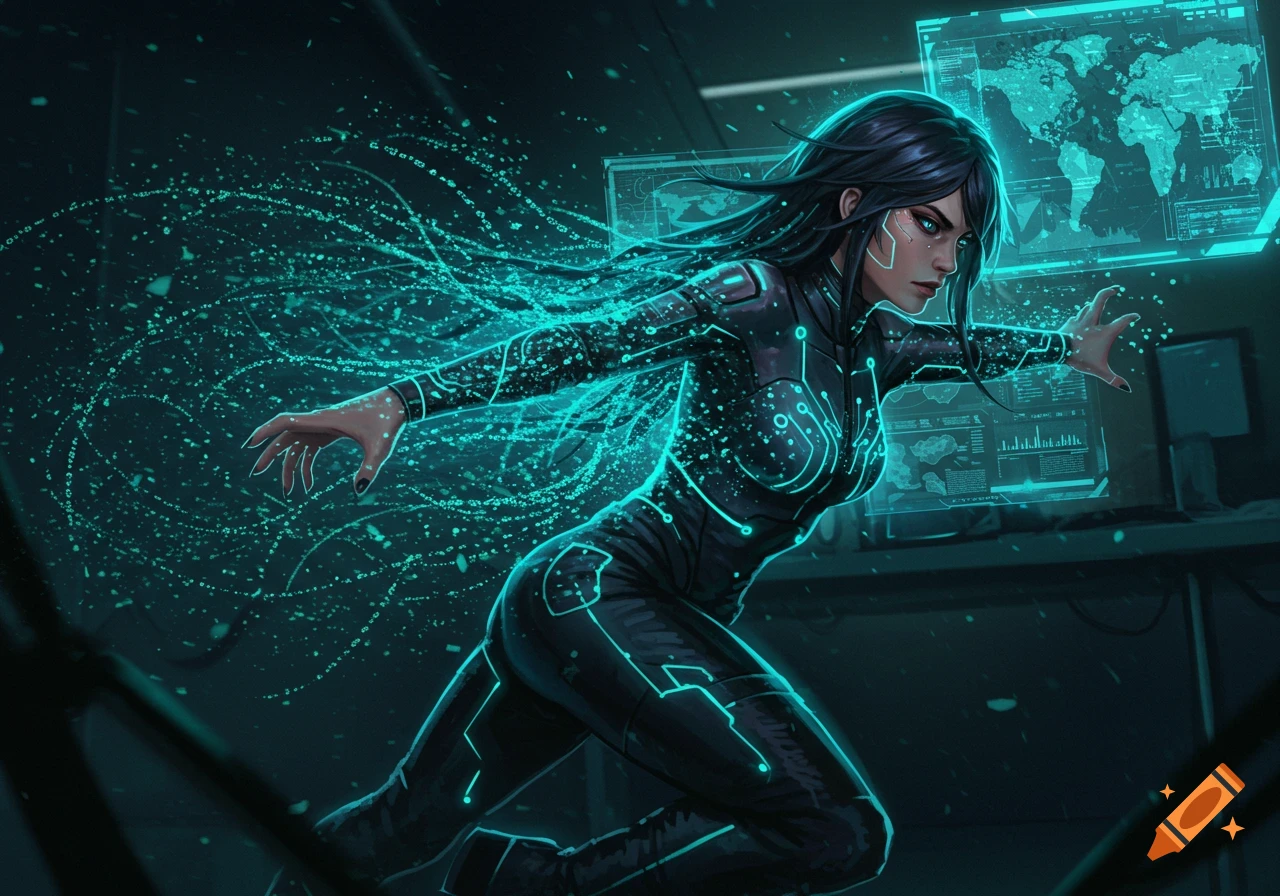 A dynamic digital art image of a female hacker in a glowing tech suit, surrounded by turquoise data streams, with futuristic screens in the background.