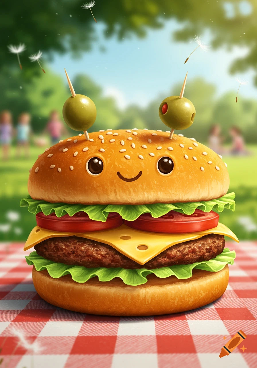 Cute, smiling hamburger with olive antennae on a picnic blanket in a park, with dandelion seeds floating.