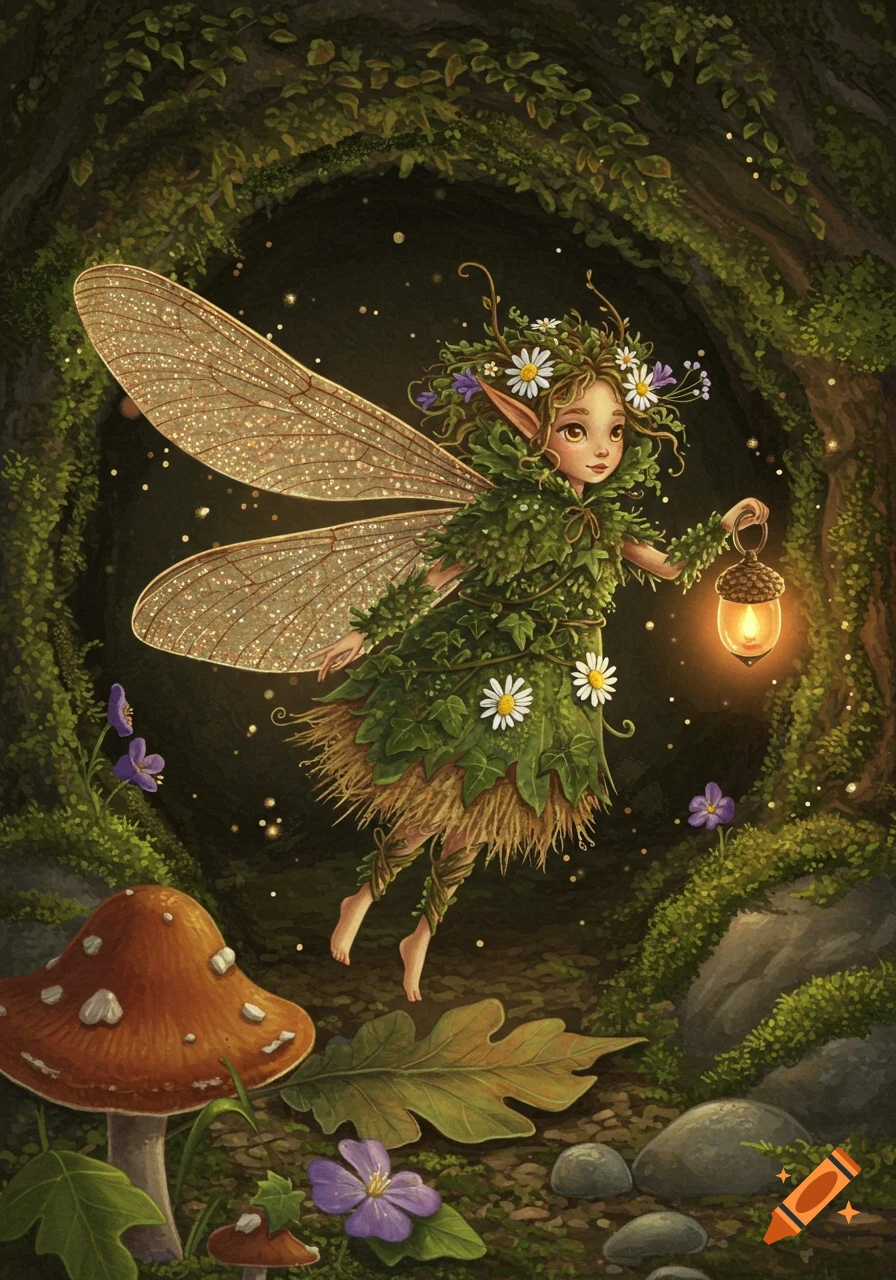 A tiny fairy with shimmering golden wings and a dress made of leaves, holding a glowing acorn lantern, floats in a mossy forest.