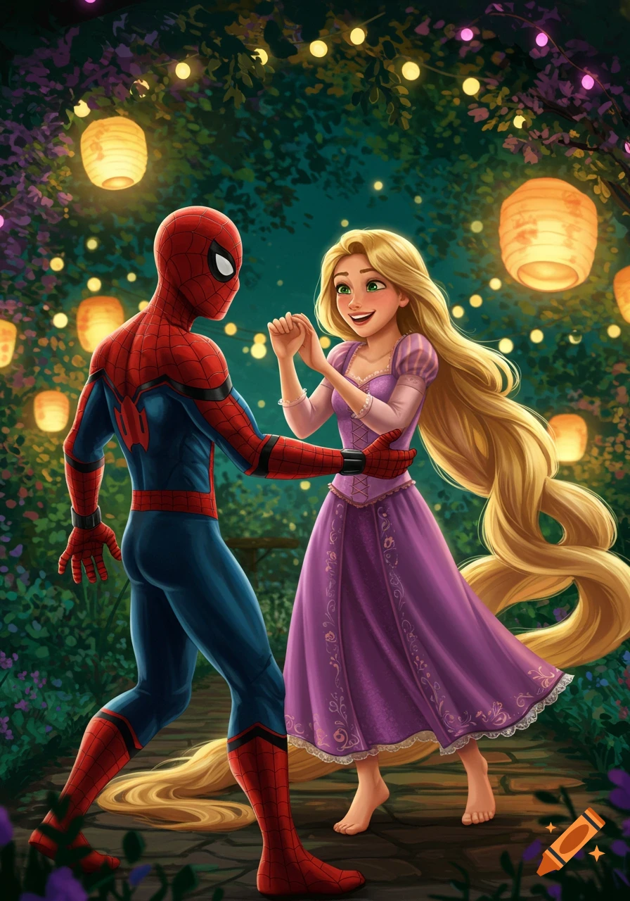 Spider-Man in his red and blue suit dances with Rapunzel in a purple dress, surrounded by glowing lanterns in an enchanted garden illustration.