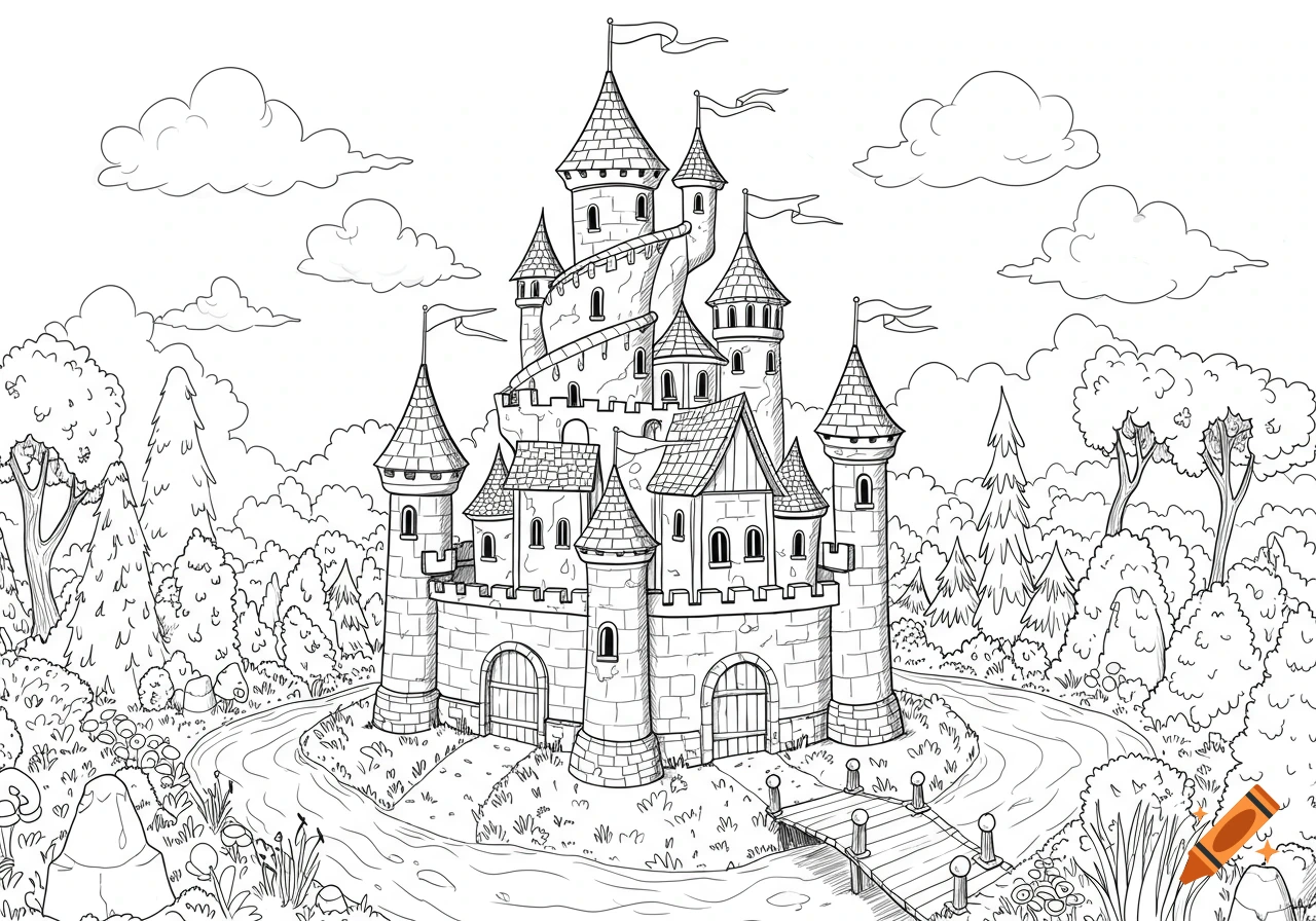 A black and white cartoon drawing of a fairytale castle with multiple towers and flags, surrounded by a forest and a winding path leading to a small bridge.