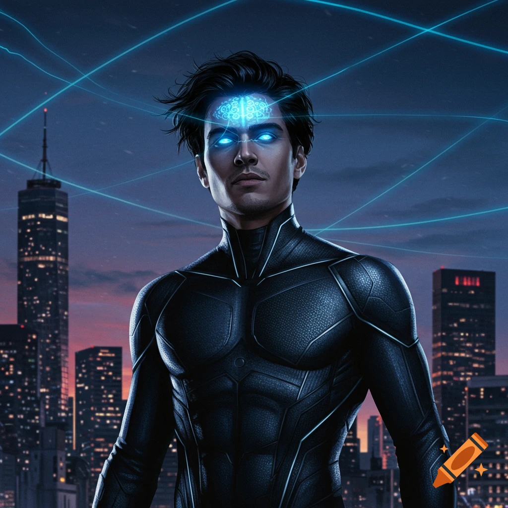 A male superhero with glowing blue eyes and brain, wearing a dark armored suit, stands against a city skyline with blue energy lines.