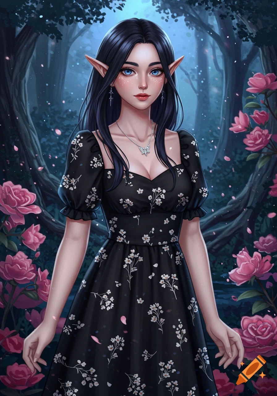 An anime fantasy portrait of a half-elf girl with long black hair, blue eyes, and pointy ears, in a floral dress, surrounded by pink roses in a mystical forest.