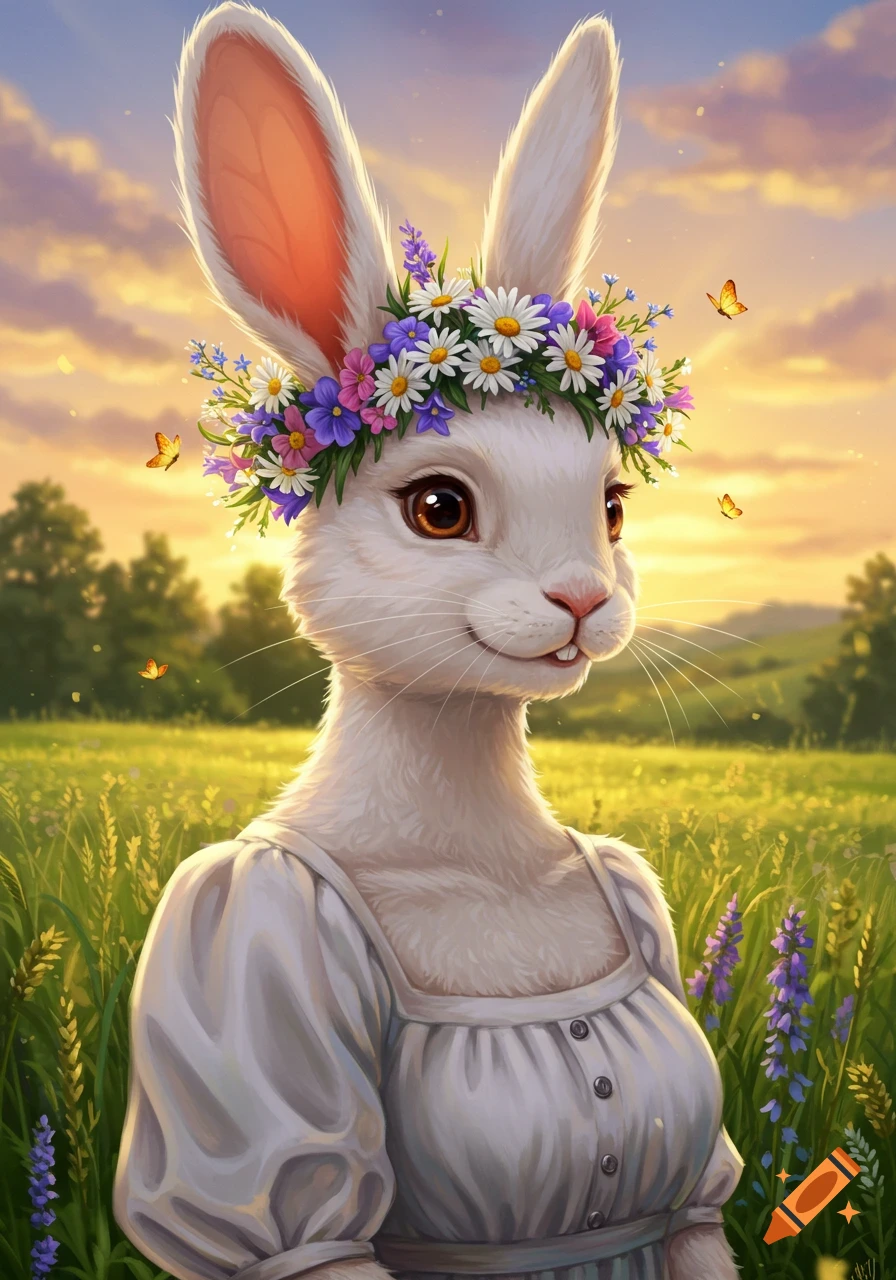 An anthropomorphic white rabbit wearing a flower crown and white dress stands in a sunny field at sunset.