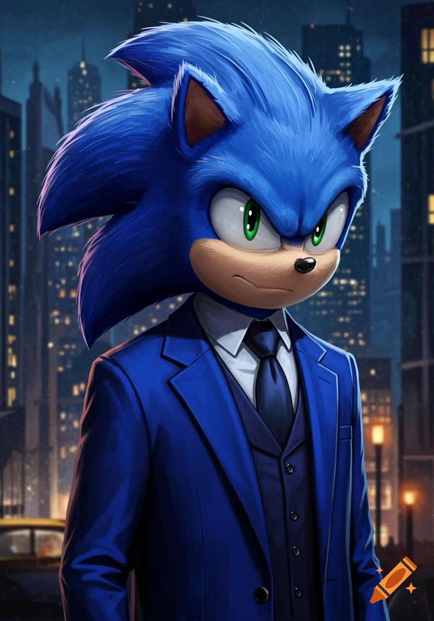 Anthropomorphized Sonic the Hedgehog in a blue suit with a serious expression, in a graphic novel style against a blurry city at night.