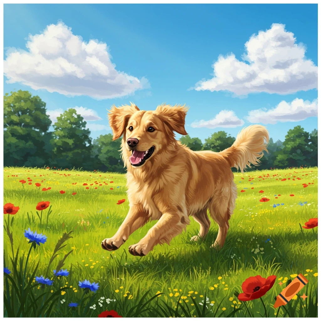 A joyful golden retriever runs through a field of red and blue wildflowers under a bright blue sky, in a vibrant illustration.