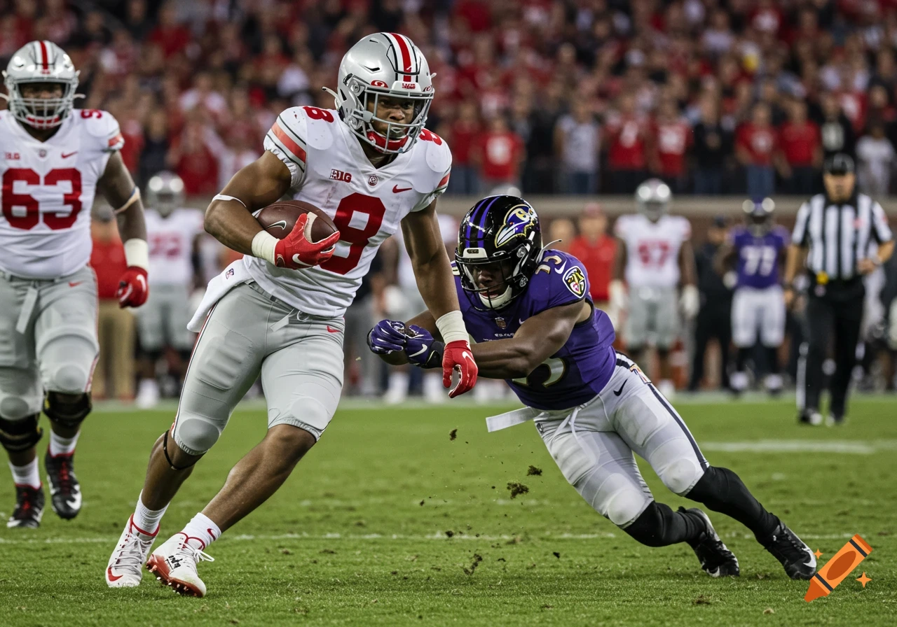 Ohio State football player number 8 runs with the ball while being tackled by a Baltimore Ravens player on a green field during a night game.
