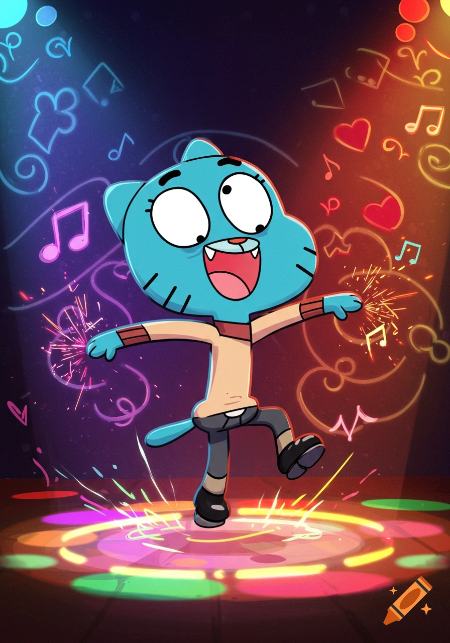 Gumball Watterson, a blue cat character, tap dancing in a vibrant disco with colorful lights and musical notes floating around him.