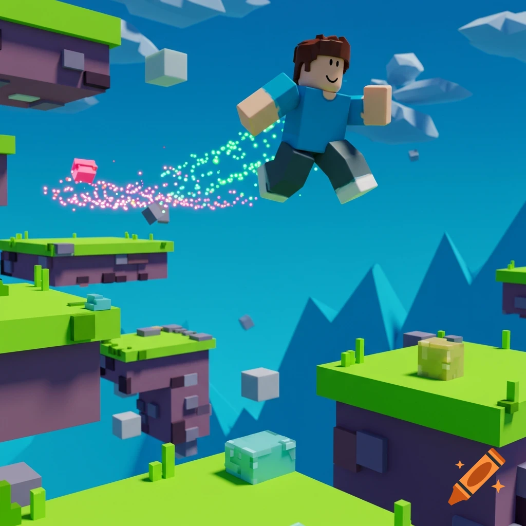 A blocky Roblox-style character jumps across floating platforms in a vibrant 3D video game world with glowing particles.