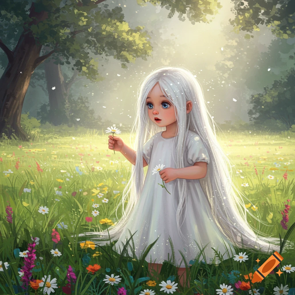 A fantasy illustration of a child with long silver hair and blue eyes standing in a vibrant wildflower field, holding daisies.