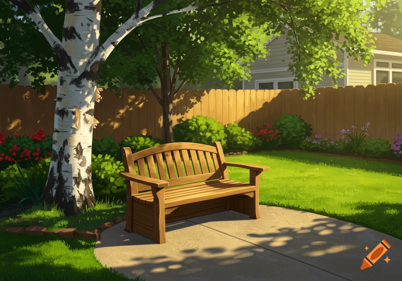 An illustrative image of a sunny suburban backyard with a wooden bench on a curved concrete patio, a birch tree, green lawn, and flowering bushes.