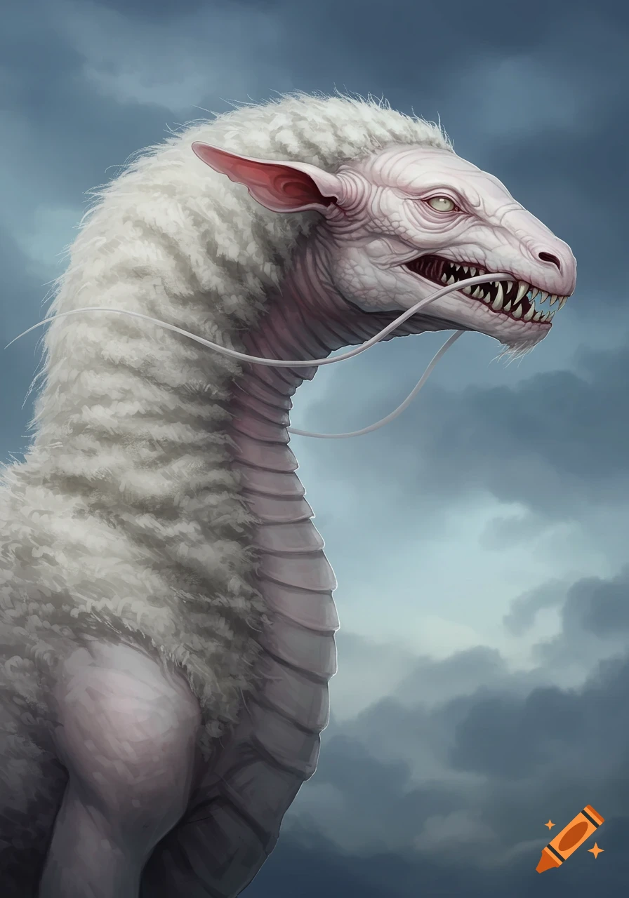 A pale, dragon-like creature with a white fleece neck, sharp teeth, and long ears looks right against a cloudy sky.