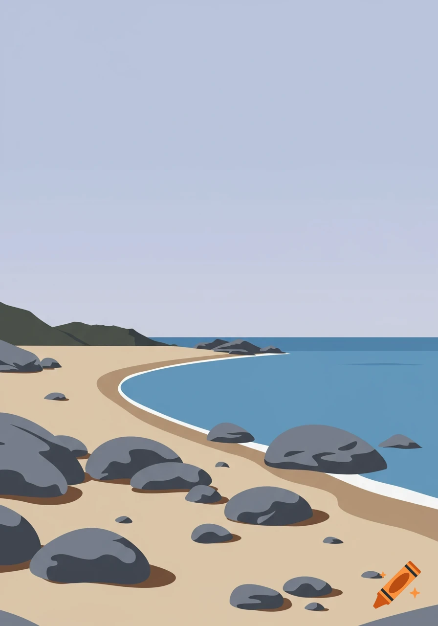 Minimalist illustration of a rocky beach with a curved sandy shore, large grey boulders, calm blue ocean, and distant hills.