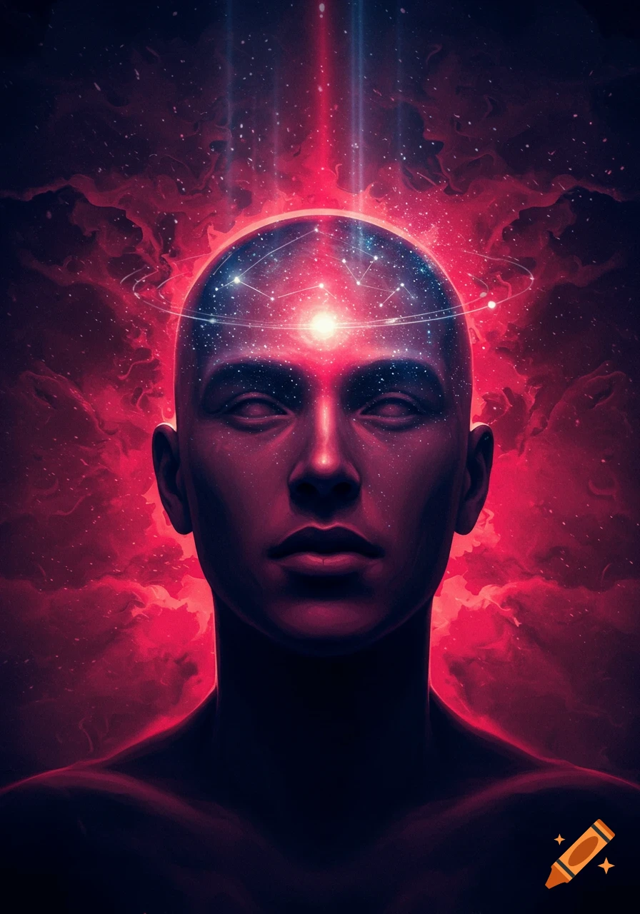 Stylized portrait of a person with a glowing, galaxy-filled head against a red cosmic nebula background.