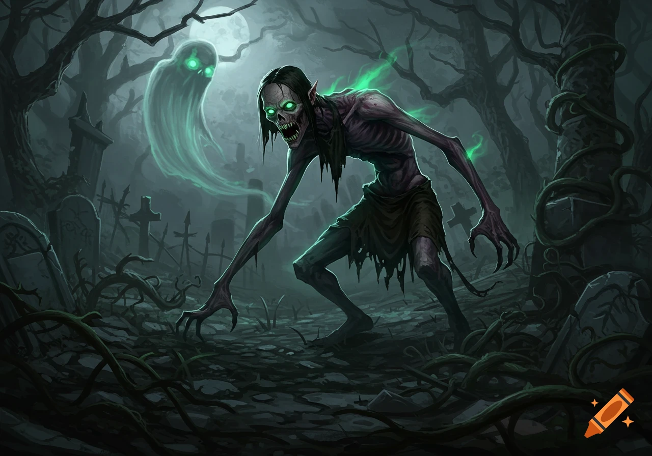 A gaunt ghoul and a glowing ghost lurk in a dark, moonlit graveyard with gnarled trees and tombstones, in a dark fantasy art style.