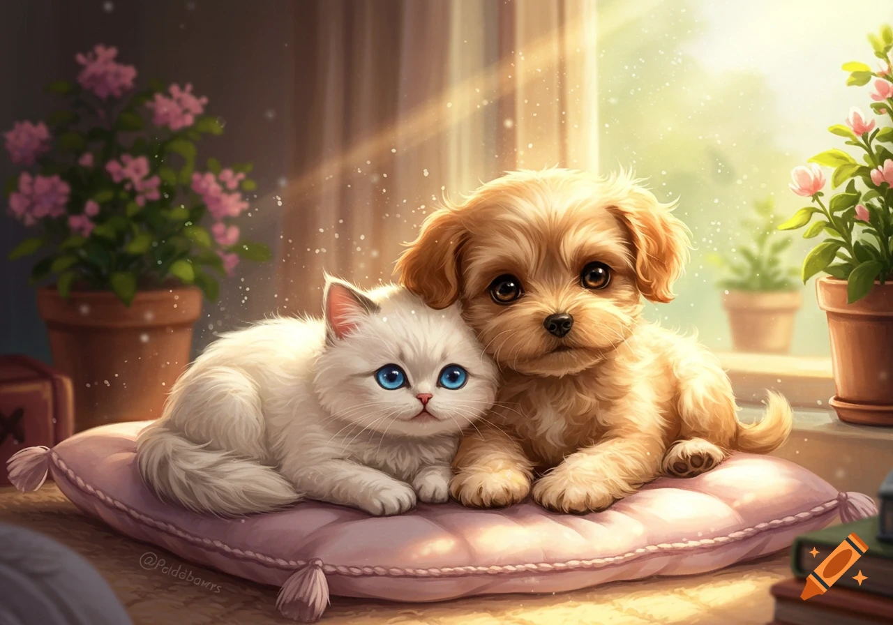 A cute fluffy white kitten and a golden puppy snuggle closely on a pink pillow by a sunny window with potted plants. Digital art.