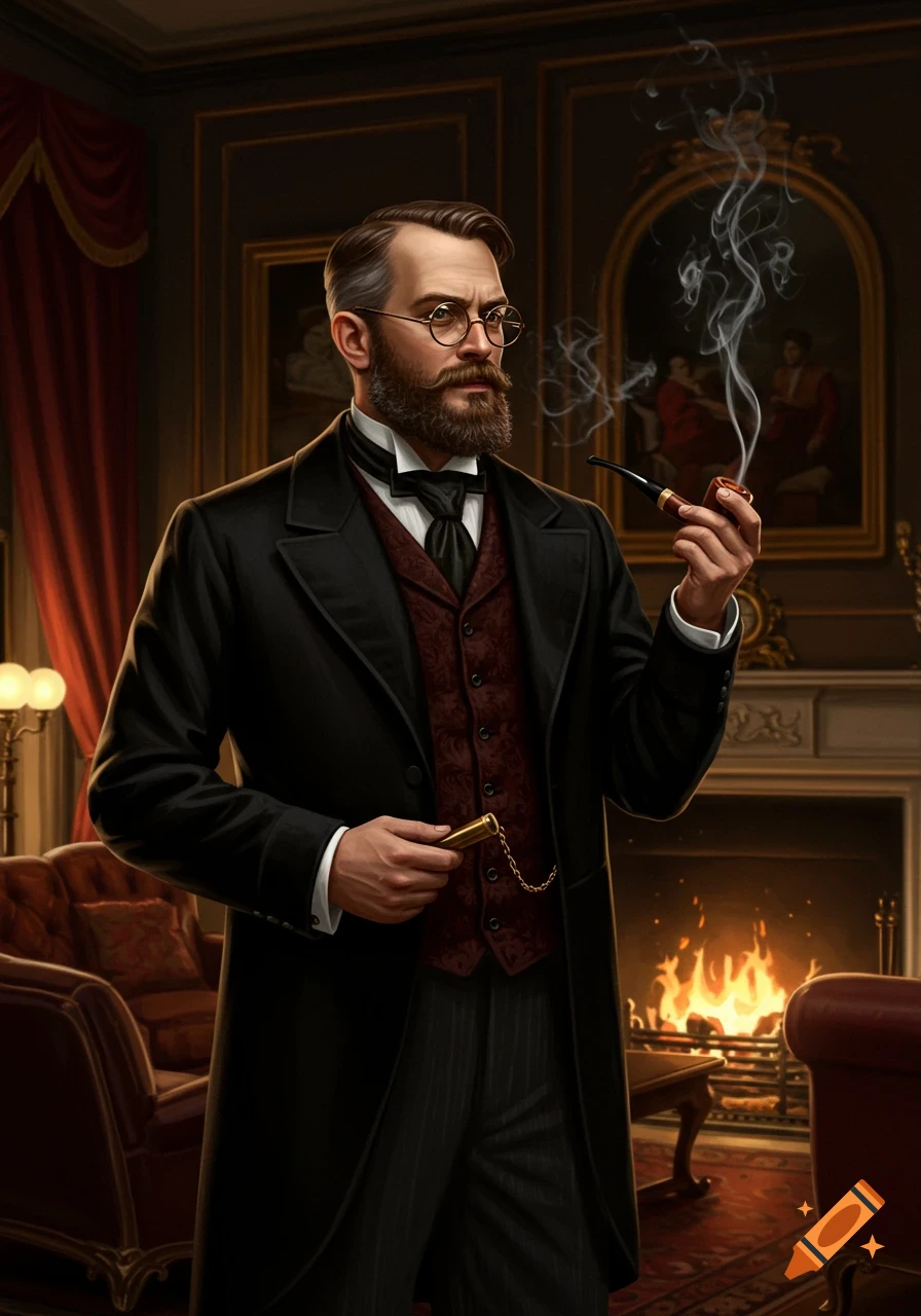 Photorealistic image of a Victorian man with a beard and glasses, smoking a pipe and holding a lighter in an elegant room with a fireplace.