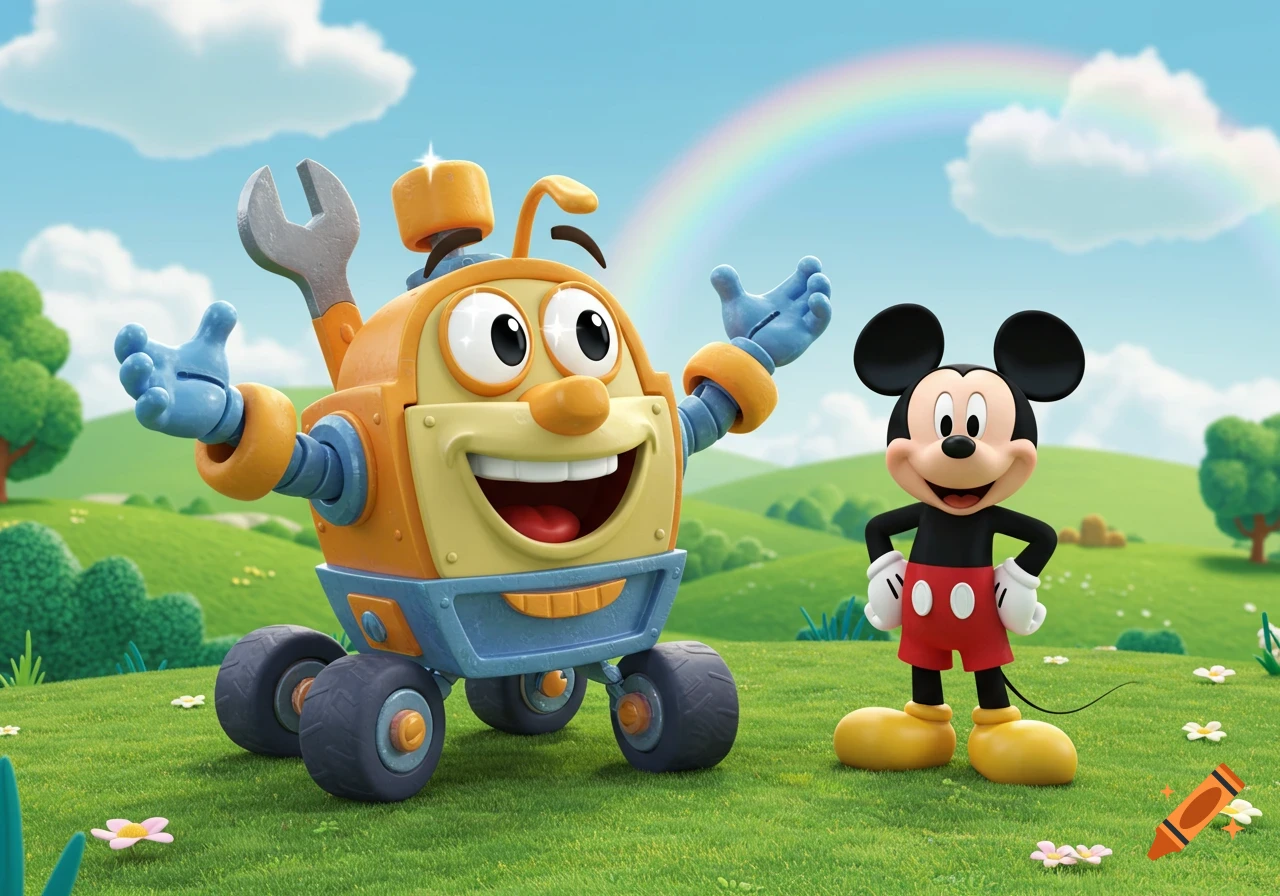 Toodles robot and Mickey Mouse standing in a sunny green field with a rainbow in a 3D animated style.