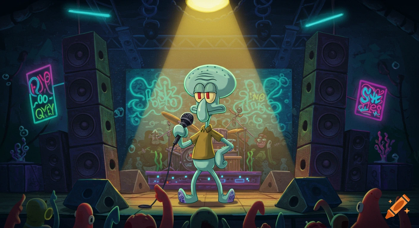 Squidward Tentacles from Spongebob Squarepants sings into a microphone on a neon-lit stage to an audience of cartoon sea creatures.