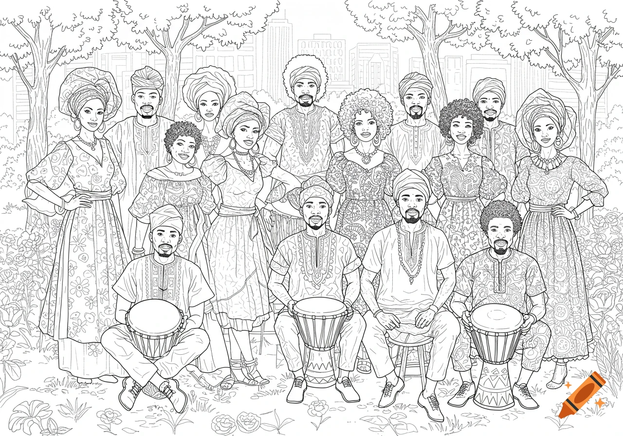 A line art coloring page of African American men and women in traditional attire, some playing drums, in a park with a city skyline.